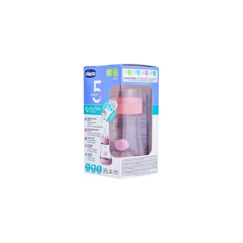 Biberon plastico t silicona chicco perfect5 rosa 0m+ flujo lento 15...