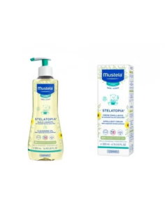 MUSTELA PACK STELATOPIA JABON ACEITE 500 ML + CREMA FACIAL40 ML  20 % DTO