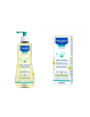 MUSTELA PACK STELATOPIA JABON ACEITE 500 ML + CREMA FACIAL40 ML  20 % DTO