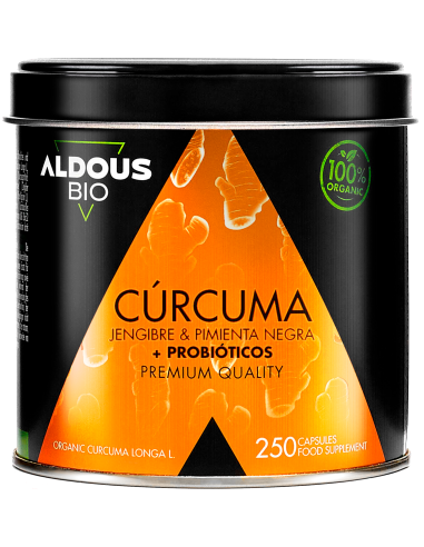 Aldous Bio Cúrcuma Ecológica con Jengibre, Pimienta Negra y Probióticos 250 Cápsulas